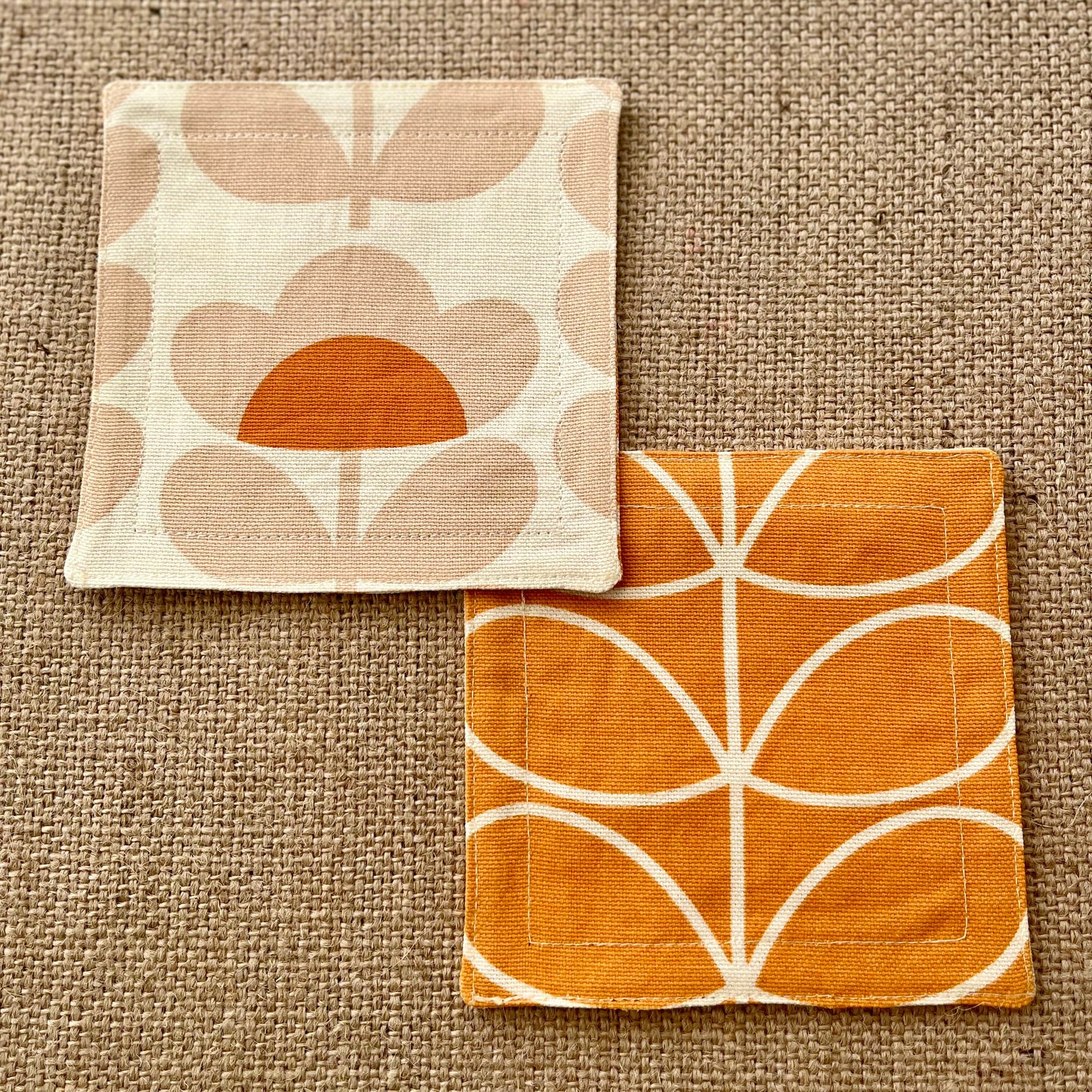 Retro Orange Fabric Coasters x 2 - Papaya Stem & Sweet Pea, Set of Double-Sided Cotton Coasters Mid Century Scandi Print