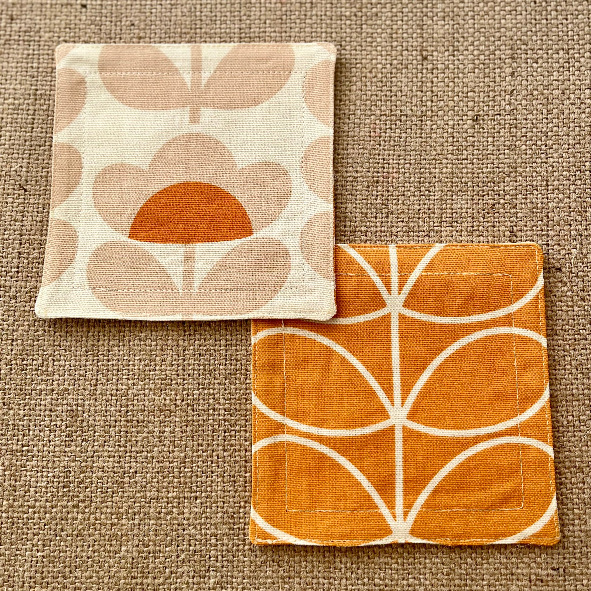 Retro Orange Fabric Coasters x 2 - Papaya Stem & Sweet Pea, Set of Double-Sided Cotton Coasters Mid Century Scandi Print