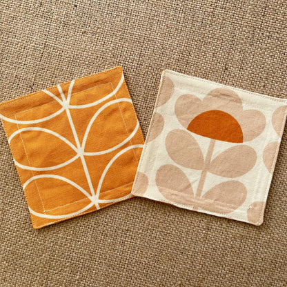 Retro Orange Fabric Coasters x 2 - Papaya Stem & Sweet Pea, Set of Double-Sided Cotton Coasters Mid Century Scandi Print