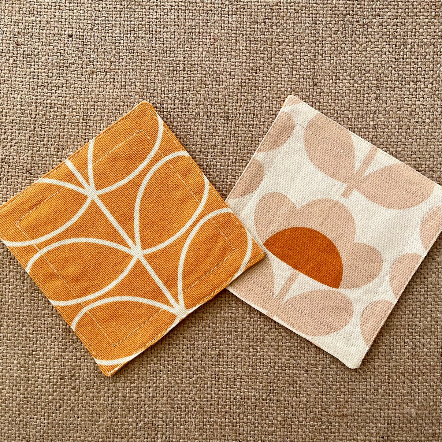 Retro Orange Fabric Coasters x 2 - Papaya Stem & Sweet Pea, Set of Double-Sided Cotton Coasters Mid Century Scandi Print