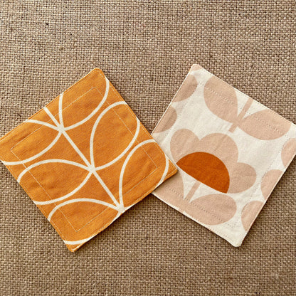 Retro Orange Fabric Coasters x 2 - Papaya Stem & Sweet Pea, Set of Double-Sided Cotton Coasters Mid Century Scandi Print
