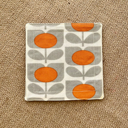 Retro Flower Orange Fabric Coasters x 2 - Papaya Grey & Orange, Set of Double-Sided Cotton Coasters Scandi Print