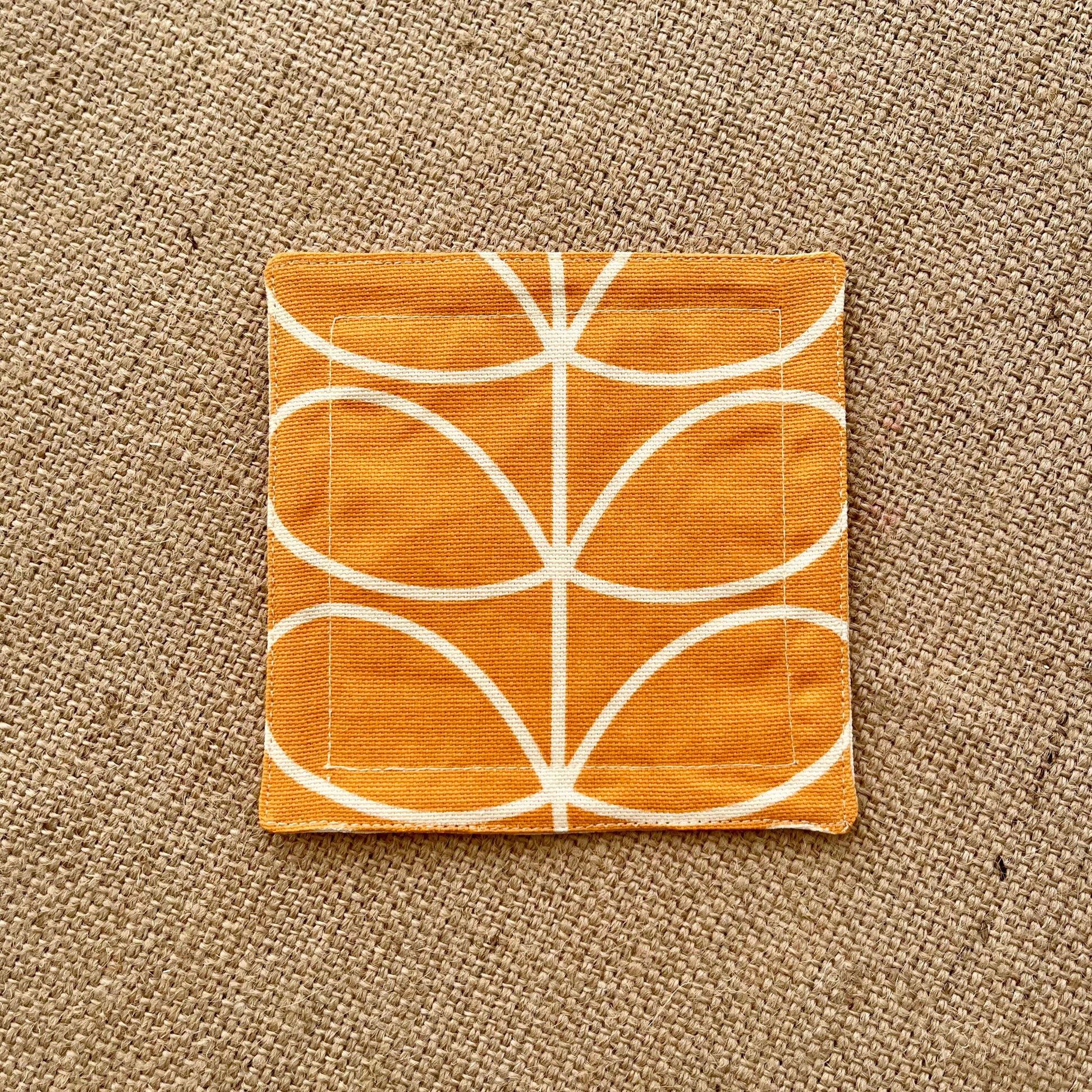 Retro Flower Orange Orla Kiely Fabric Coasters x 2 - Papaya Grey & Orange, Set of Double-Sided Cotton Drinks Mat Scandi Print