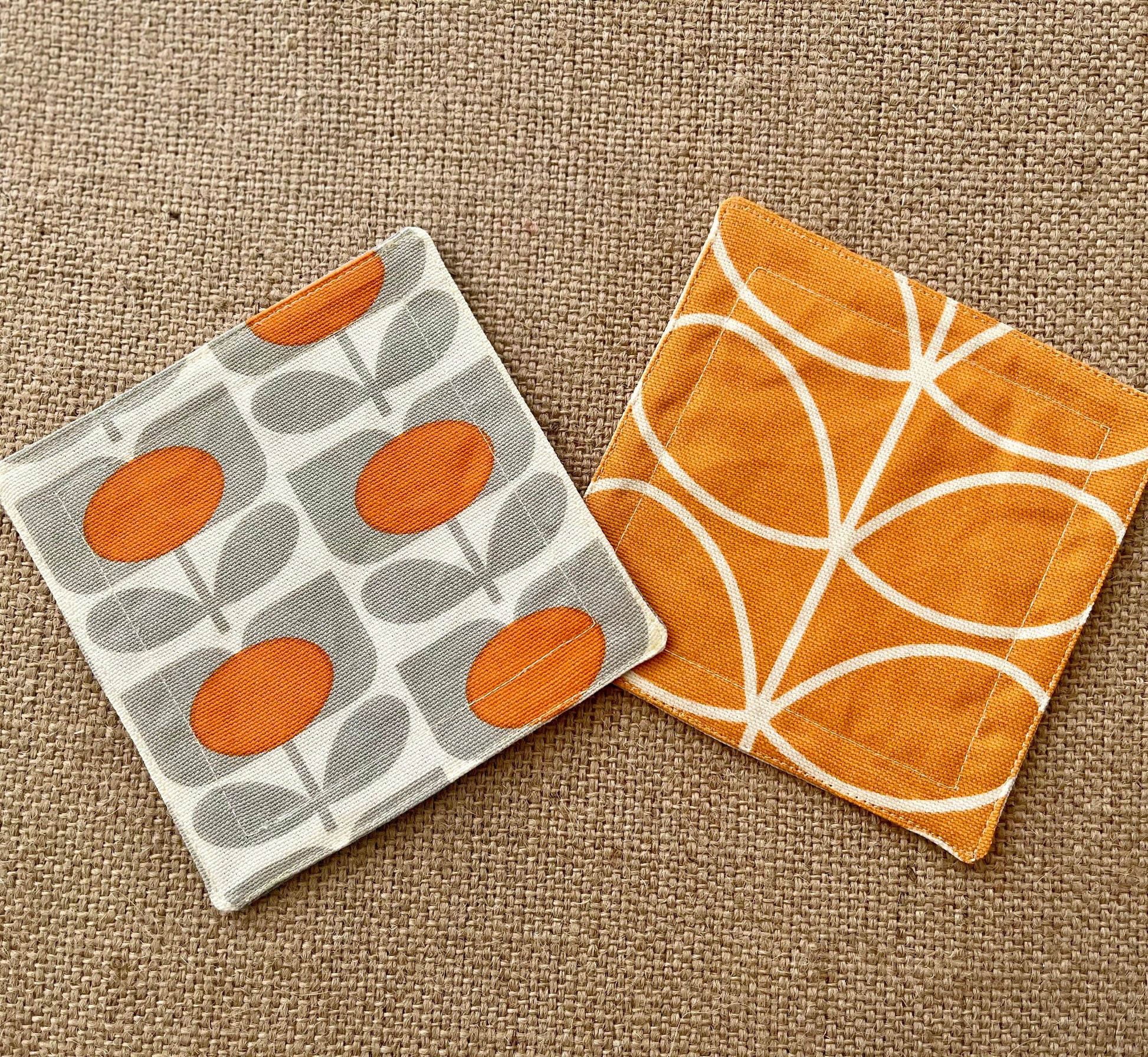 Retro Flower Orange Fabric Coasters x 2 - Papaya Grey & Orange, Set of Double-Sided Cotton Coasters Scandi Print