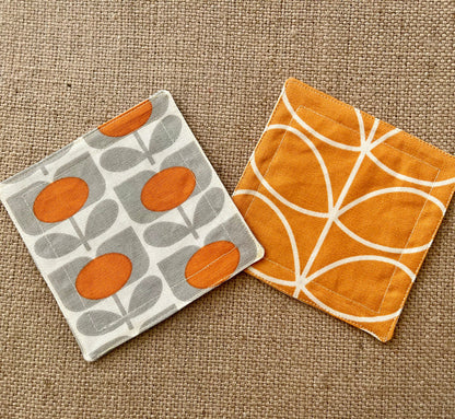 Retro Flower Orange Fabric Coasters x 2 - Papaya Grey & Orange, Set of Double-Sided Cotton Coasters Scandi Print