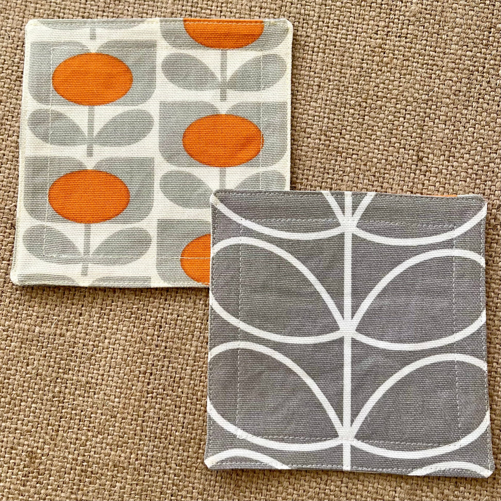 Retro Grey & Orange Coasters x 2 - Silver Stem, Set of Double-Sided Cotton Coasters Scandi Print Orla Kiely