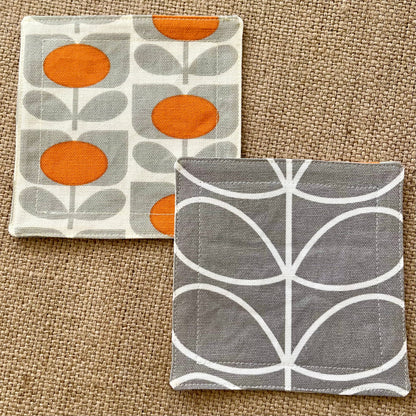 Retro Grey & Orange Coasters x 2 - Silver Stem, Set of Double-Sided Cotton Coasters Scandi Print Orla Kiely