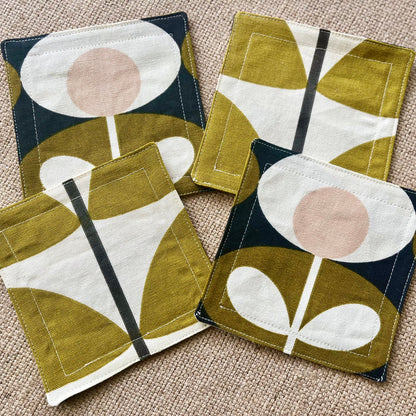 Olive Green Retro Drinks Coasters x 2 - Olive Oval & Olive Stem, Set of Double-Sided Cotton Coasters Mid Century Scandi Print