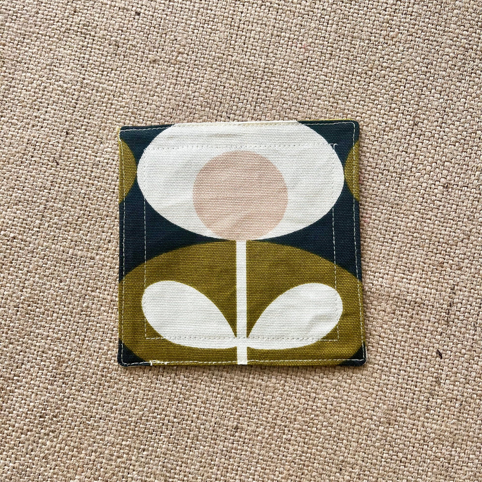 Olive Green Retro Drinks Coasters x 2 - Olive Oval & Olive Stem, Set of Double-Sided Cotton Coasters Mid Century Scandi Print