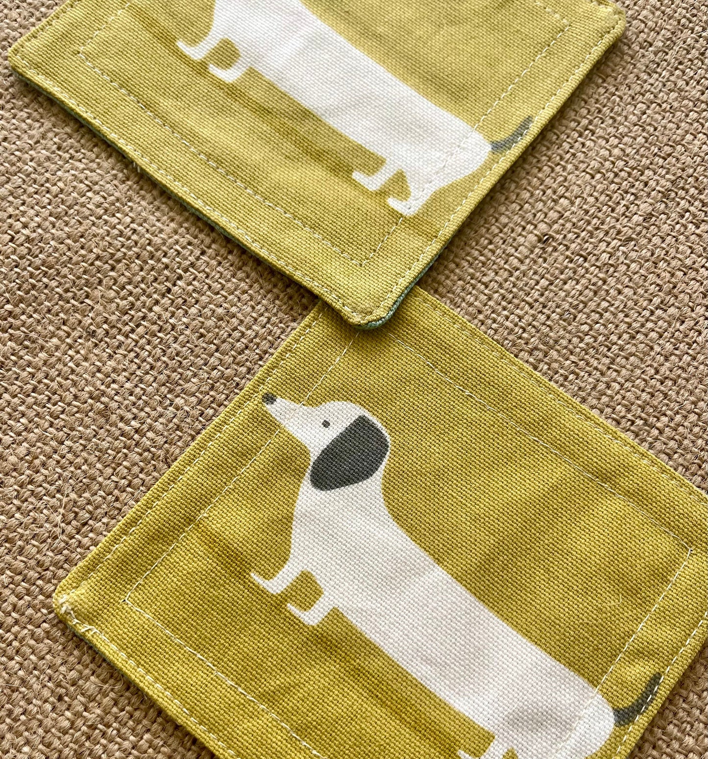 Dachshund Sausage Dog Drinks Coasters x 2 - Yellow & Blue Reversible Dog Print Fabric, Set of Double-Sided Place mat