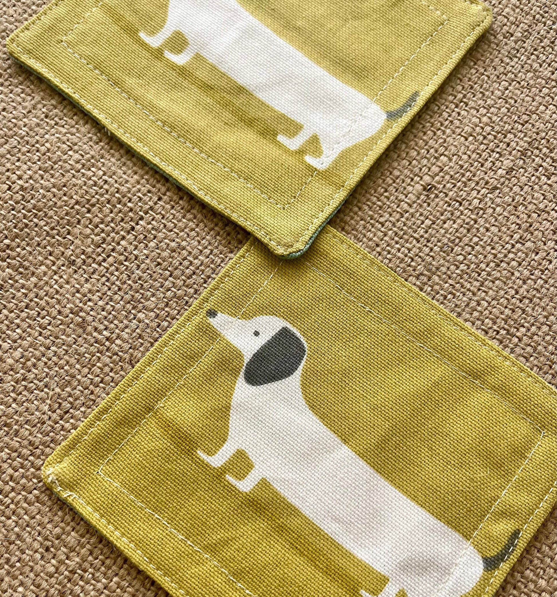 Dachshund Sausage Dog Drinks Coasters x 2 - Yellow & Blue Reversible Dog Print Fabric, Set of Double-Sided Place mat