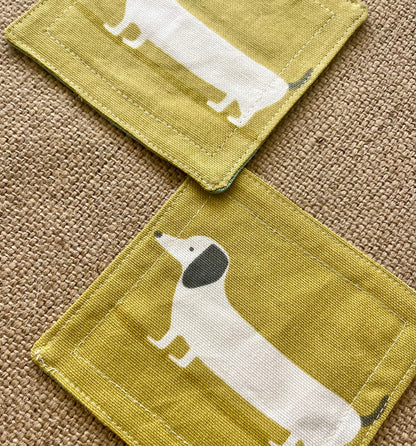 Dachshund Sausage Dog Drinks Coasters x 2 - Yellow & Blue Reversible Dog Print Fabric, Set of Double-Sided Place mat