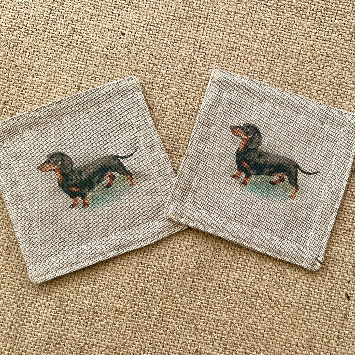 Linen Dachshund Sausage Dog Drinks Coasters x 2 - Dog Print Fabric, Set of Linen Blend Coasters