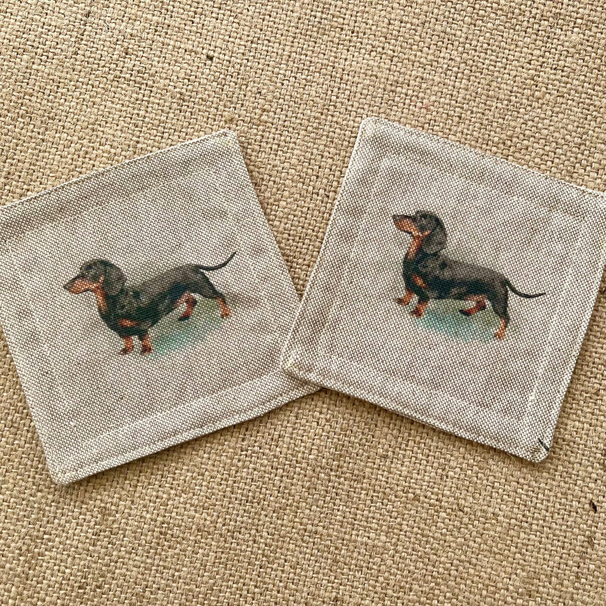 Linen Dachshund Sausage Dog Drinks Coasters x 2 - Dog Print Fabric, Set of Linen Blend Coasters
