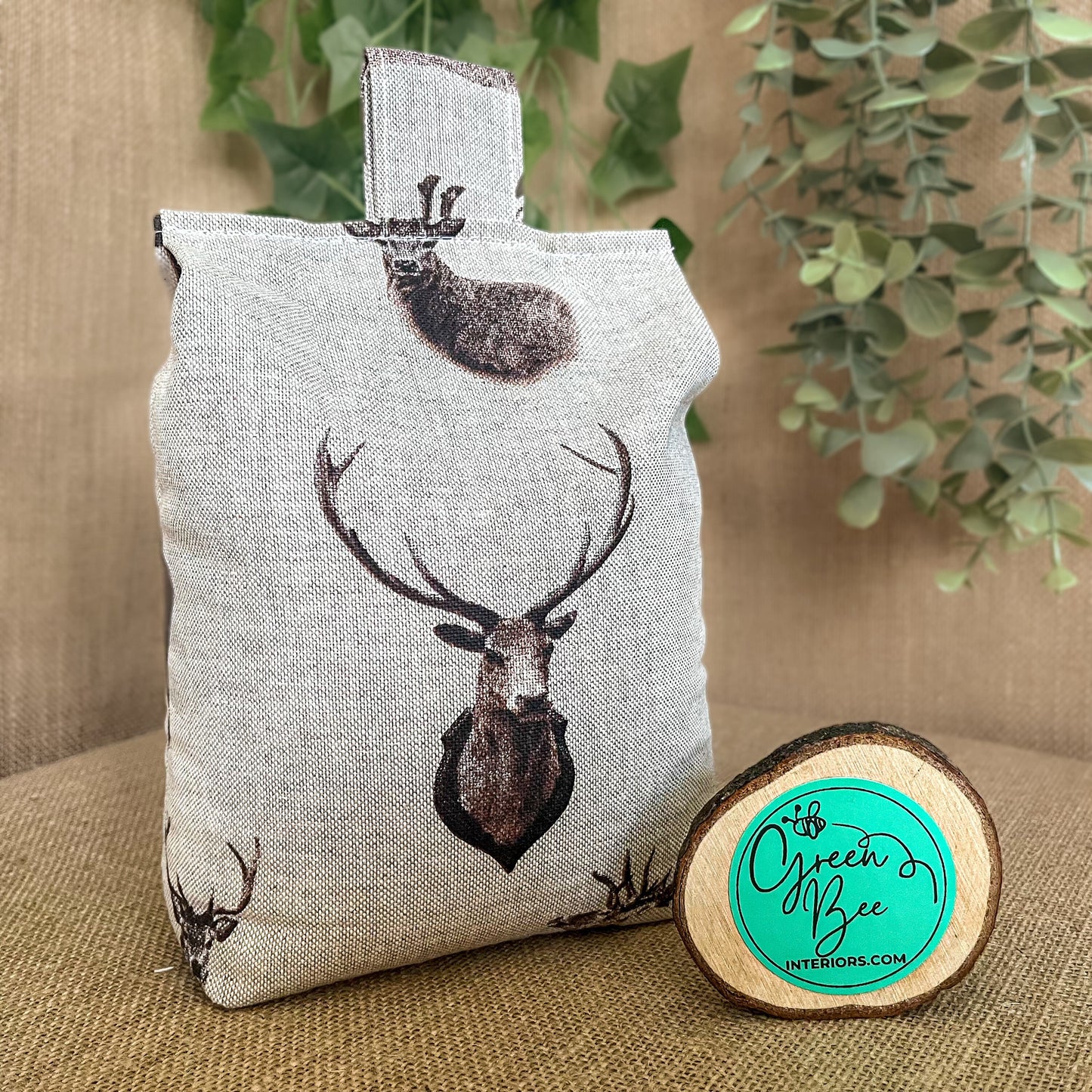 Handcrafted Large Stag Print farmhouse style wheat-filled door stop, crafted from high quality printed cotton. Measures 22cm tall x 15cm x 7cm at the base.