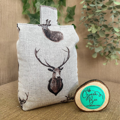 Handcrafted Large Stag Print farmhouse style wheat-filled door stop, crafted from high quality printed cotton. Measures 22cm tall x 15cm x 7cm at the base.