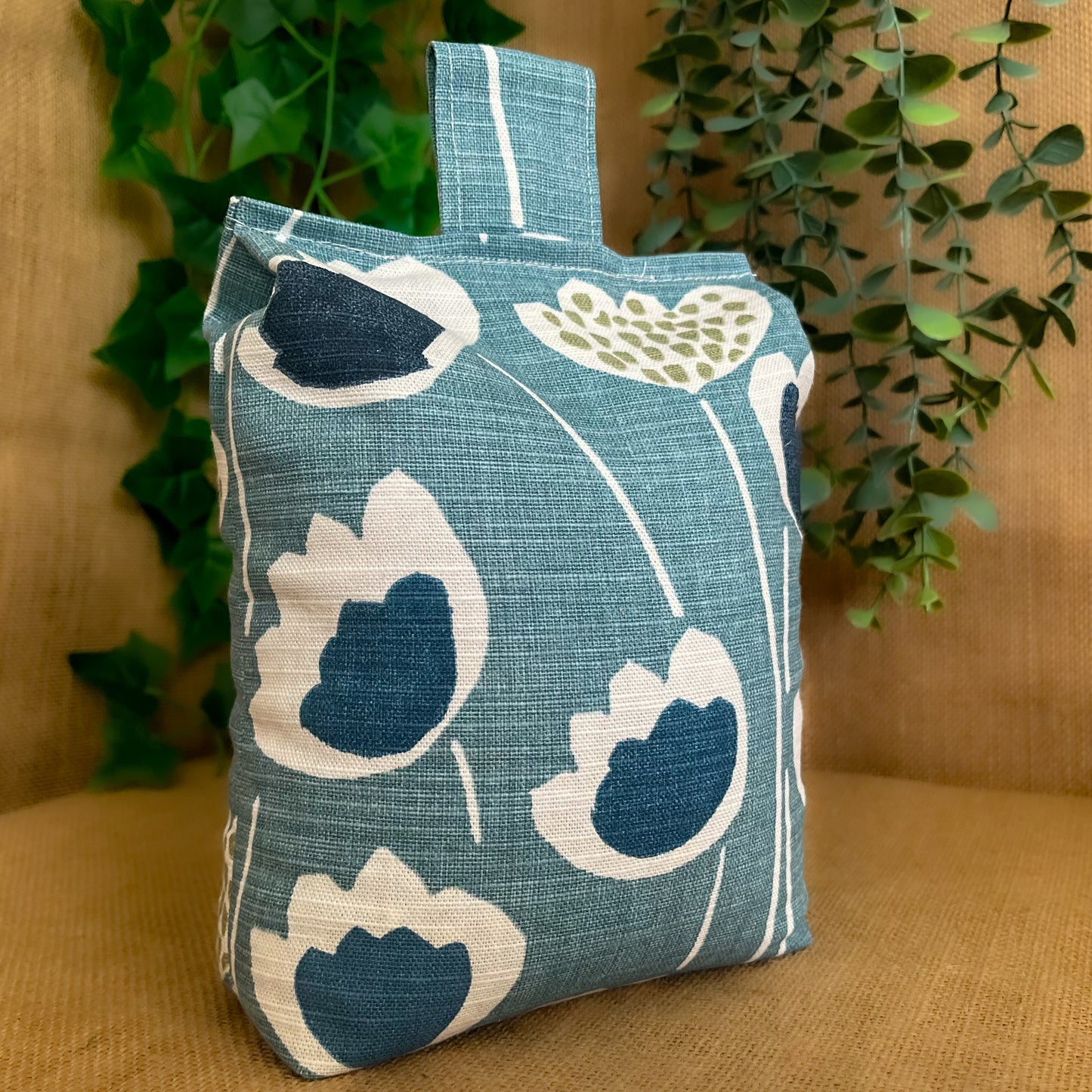 Large Blue Scandi Floral Print Door Stop: Modern Retro Accents Fabric Home Decor (Filled or Fill at Home)