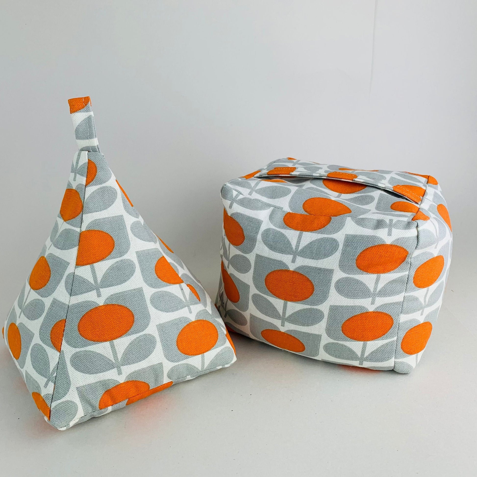 Grey & Orange Stem Door Stop Large Wheat Filled Pyramid, Modern Retro Home Decor Fabric Weight, Orla Kiely Print