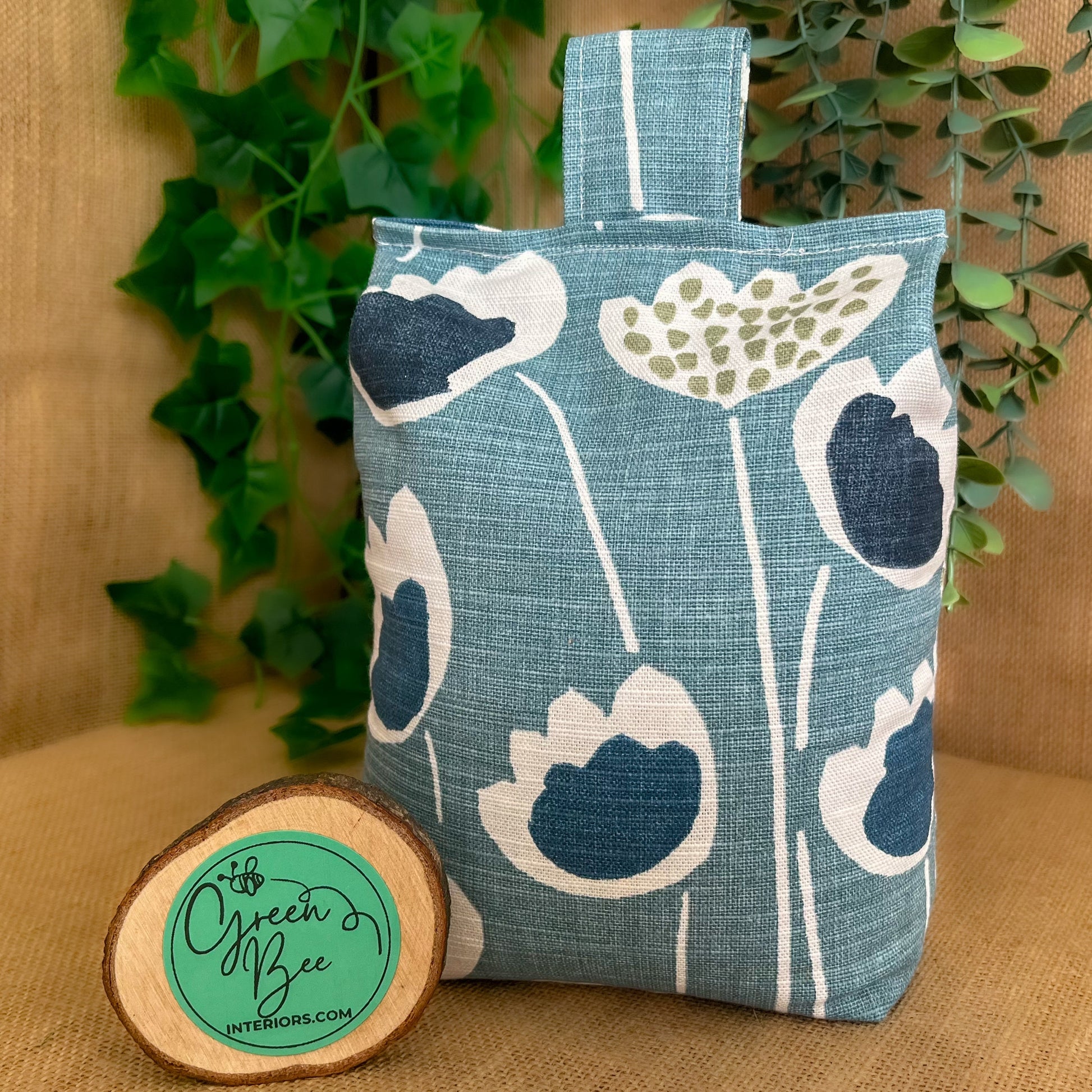 Large Blue Scandi Floral Print Door Stop: Modern Retro Accents Fabric Home Decor (Filled or Fill at Home)