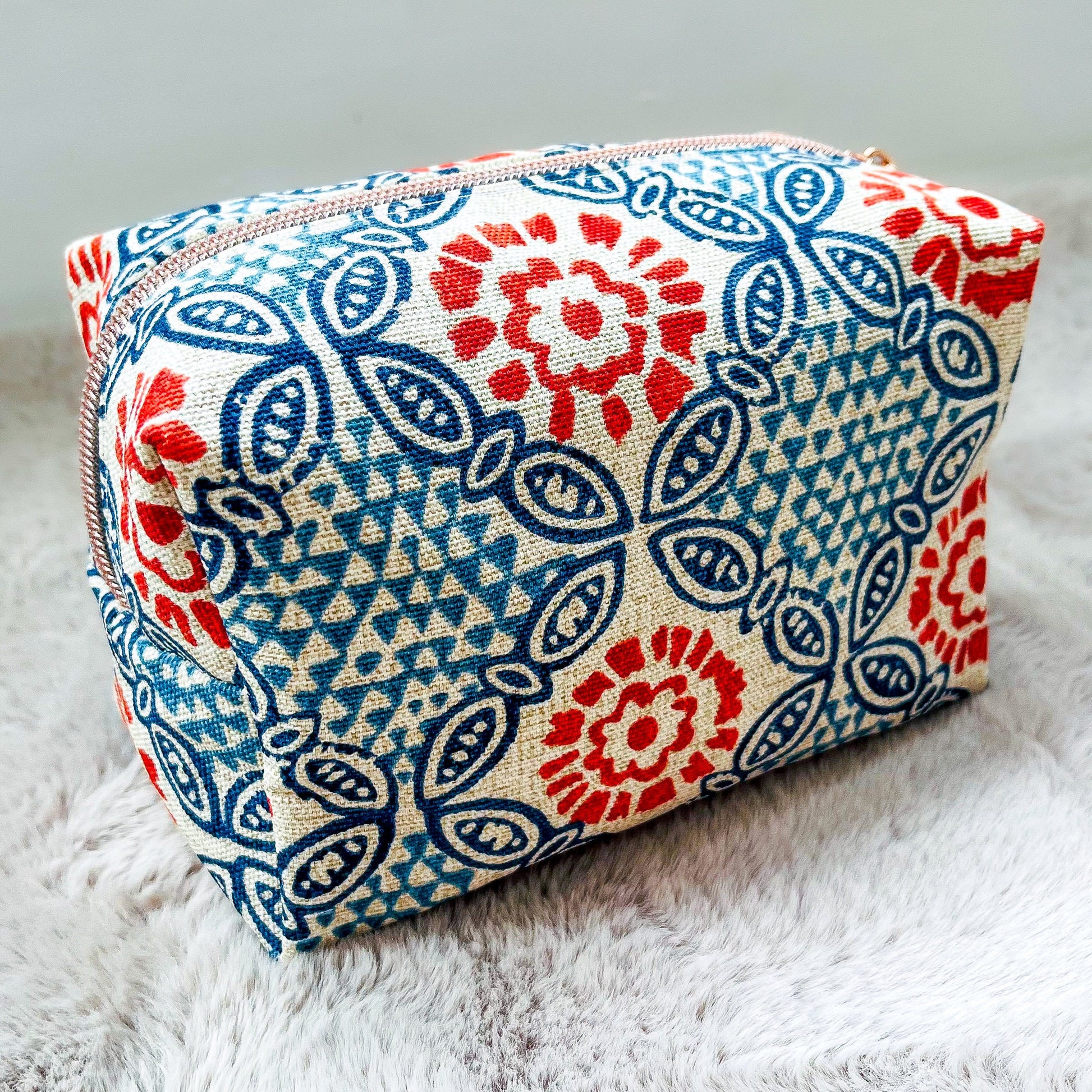 Handmade Mandala Print Makeup Bag - Linen Lined Cosmetic Pouch with Metal Zipper | Available in Small, Medium, and Large