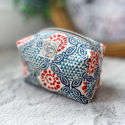 Handmade Mandala Print Makeup Bag - Linen Lined Cosmetic Pouch with Metal Zipper | Available in Small, Medium, and Large