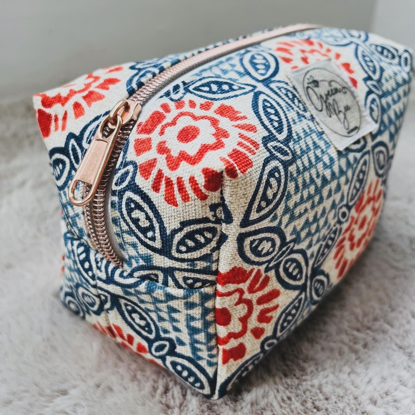 Handmade Mandala Print Makeup Bag - Linen Lined Cosmetic Pouch with Metal Zipper | Available in Small, Medium, and Large