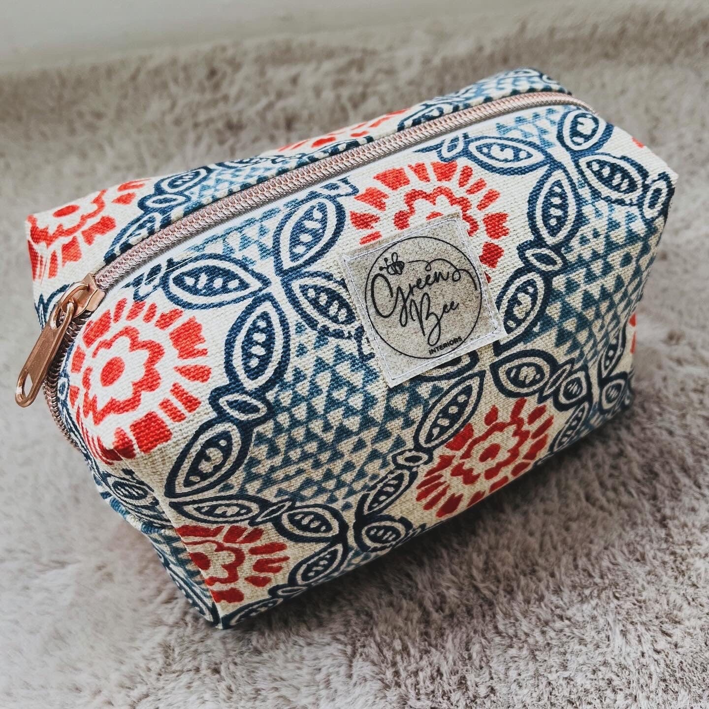 Handmade Mandala Print Makeup Bag - Linen Lined Cosmetic Pouch with Metal Zipper | Available in Small, Medium, and Large