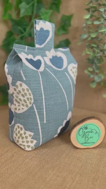 Large Blue Scandi Floral Print Door Stop: Modern Retro Accents Fabric Home Decor (Filled or Fill at Home)