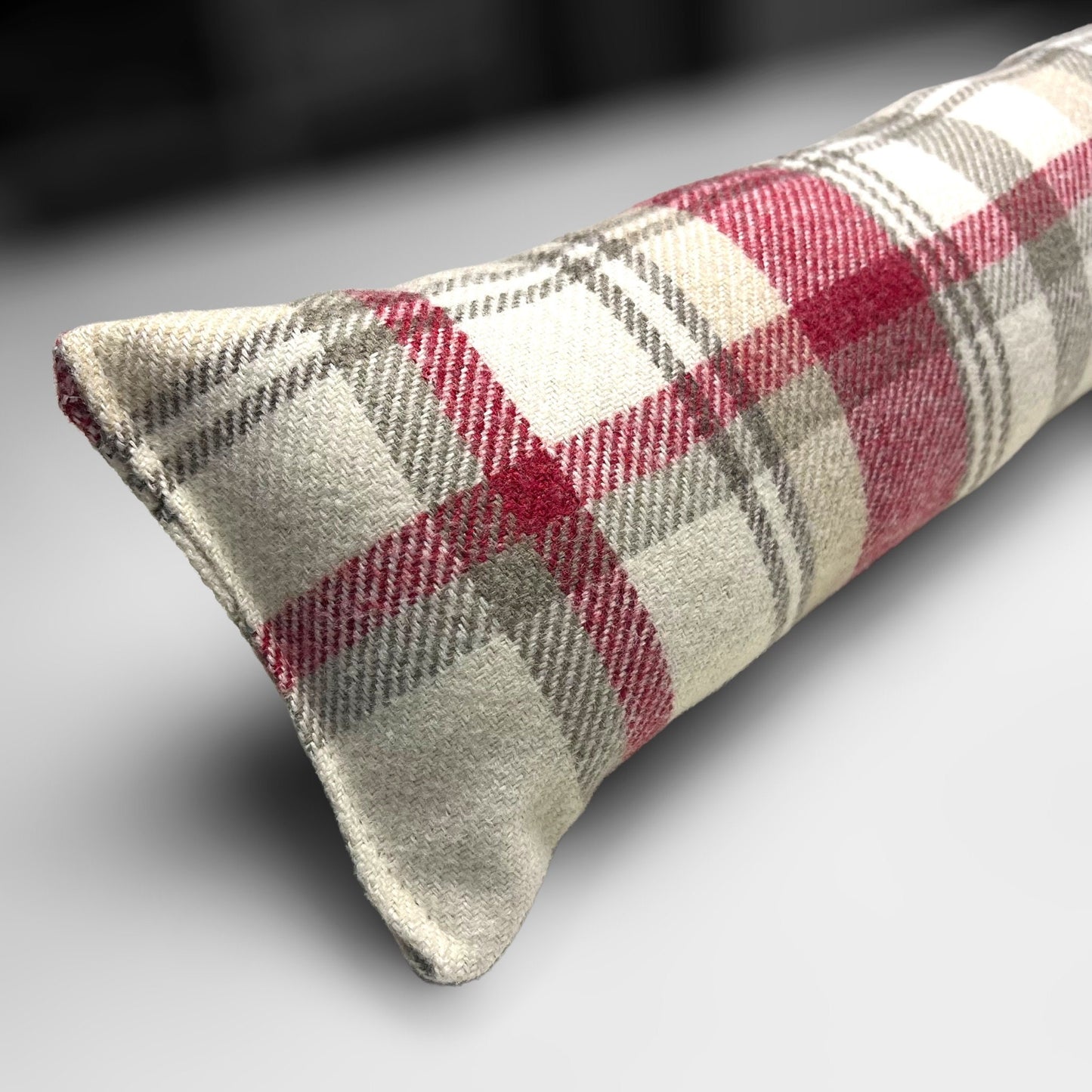 Red & Cream Wool Tartan Draught Excluder – Weighted, Cozy Farmhouse Decor