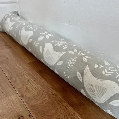 Grey Scandi Birds Draught Excluder – Weighted, Nordic Retro Decor