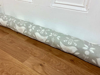 Grey Scandi Birds Draught Excluder – Weighted, Nordic Retro Decor
