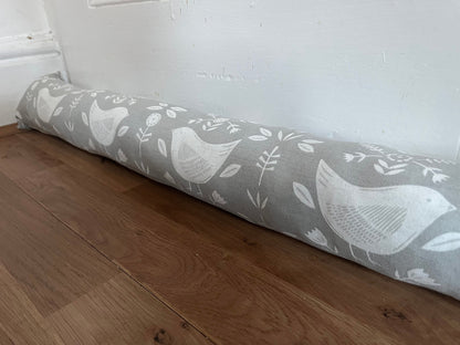 Grey Scandi Birds Draught Excluder – Weighted, Nordic Retro Decor