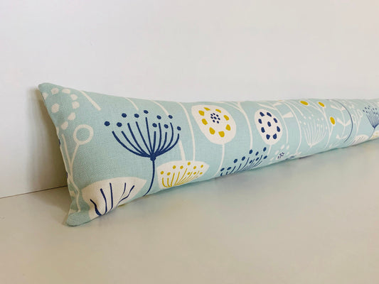 Scandi Sky Blue Floral Draught Excluder – Weighted, Nordic Home Decor