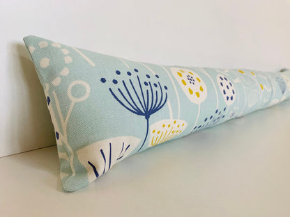 Scandi Sky Blue Floral Draught Excluder – Weighted, Nordic Home Decor