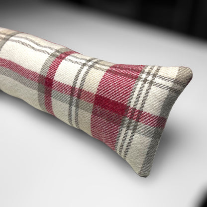 Red & Cream Wool Tartan Draught Excluder – Weighted, Cozy Farmhouse Decor
