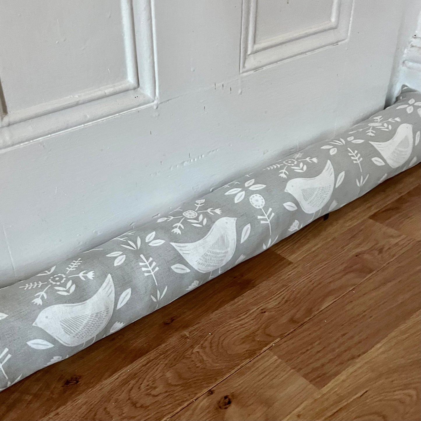 Grey Scandi Birds Draught Excluder – Weighted, Nordic Retro Decor