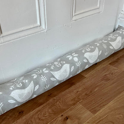 Grey Scandi Birds Draught Excluder – Weighted, Nordic Retro Decor