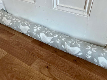 Grey Scandi Birds Draught Excluder – Weighted, Nordic Retro Decor