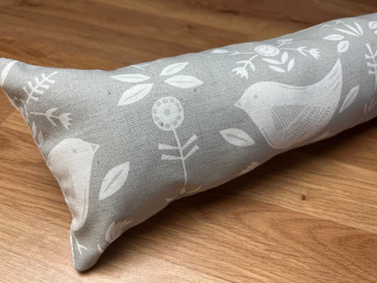 Grey Scandi Birds Draught Excluder – Weighted, Nordic Retro Decor