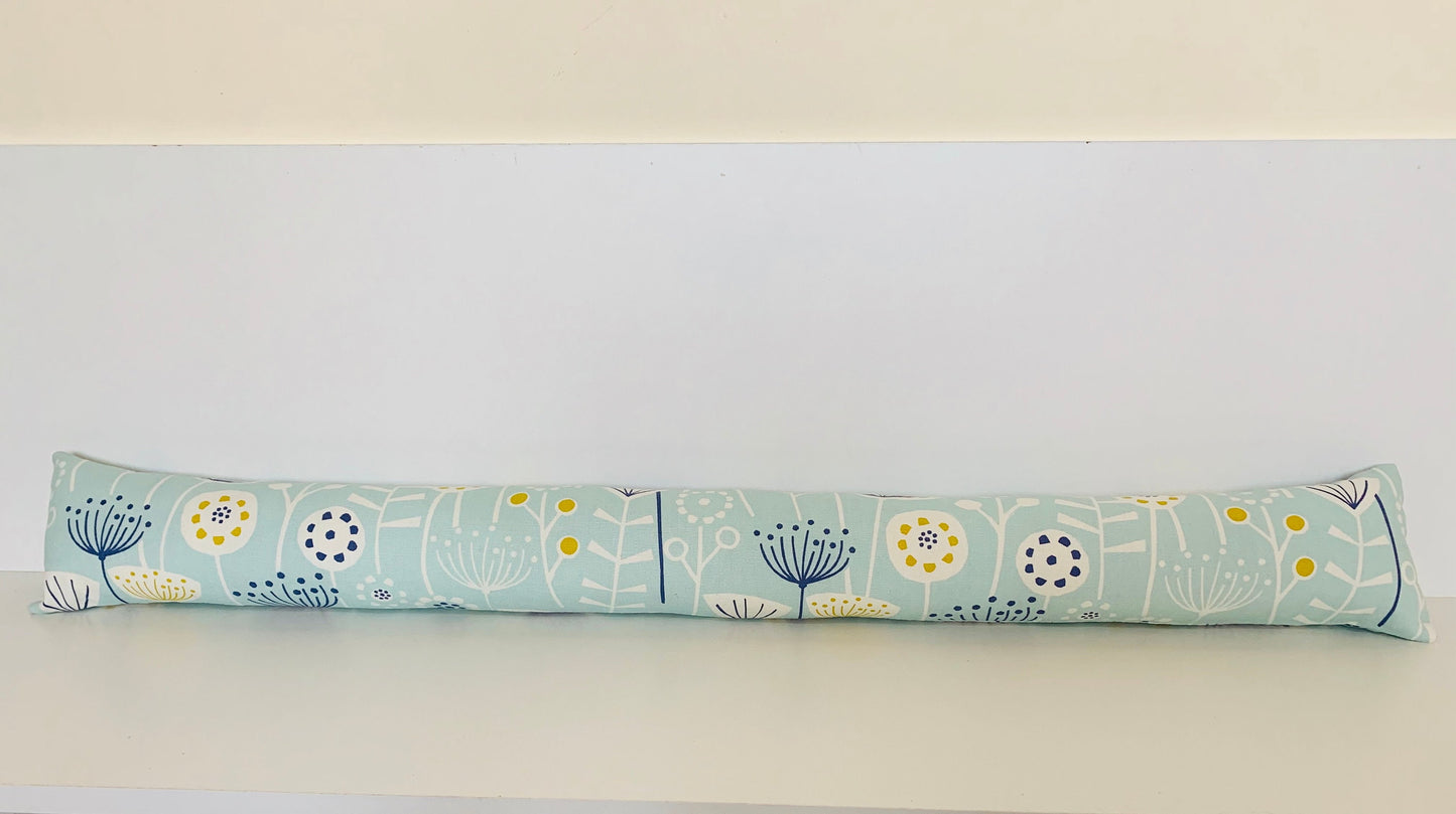 Scandi Sky Blue Floral Draught Excluder – Weighted, Nordic Home Decor