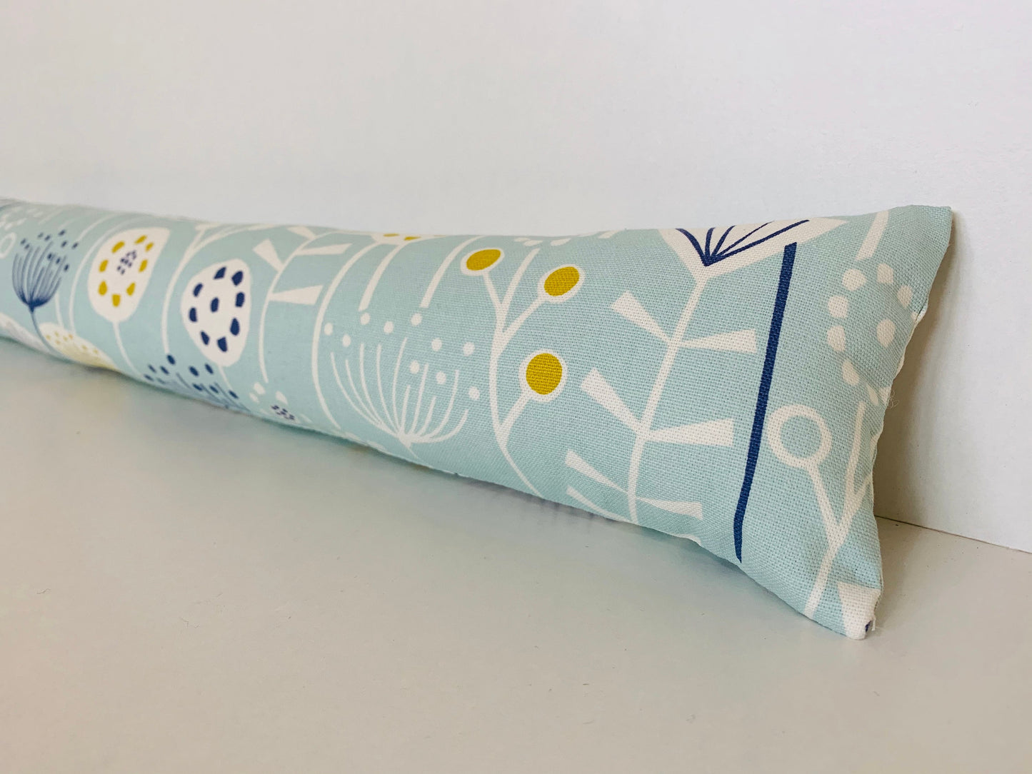 Scandi Sky Blue Floral Draught Excluder – Weighted, Nordic Home Decor