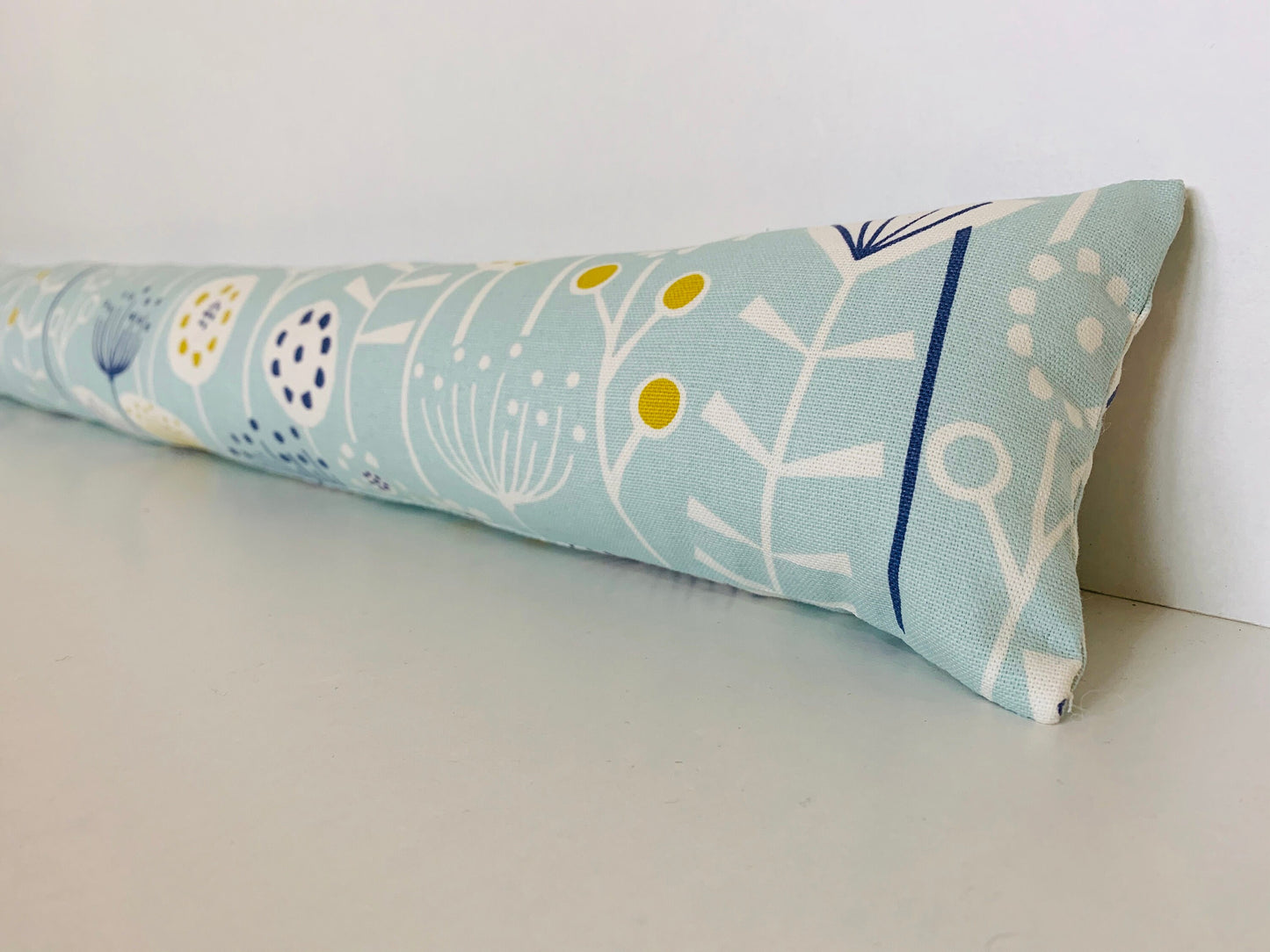 Scandi Sky Blue Floral Draught Excluder – Weighted, Nordic Home Decor